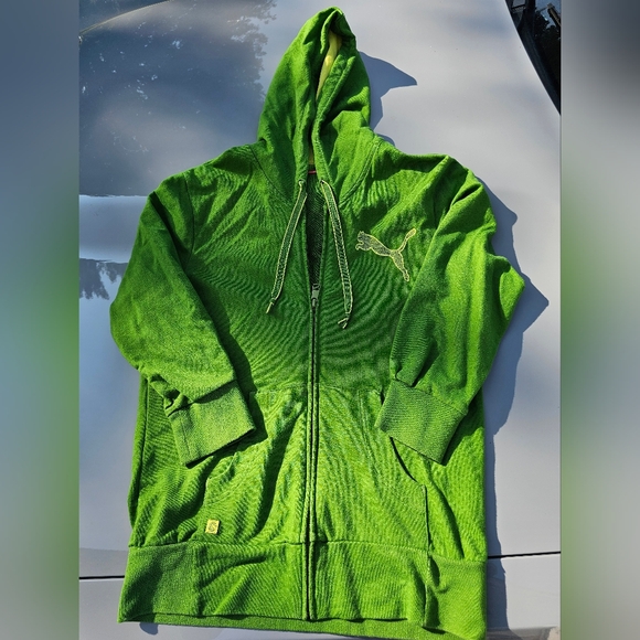 Puma Womens Hoodie Size M Green Full Zip Kangaroo Pocket 3/4 Sleeve Activewear - Picture 9 of 9